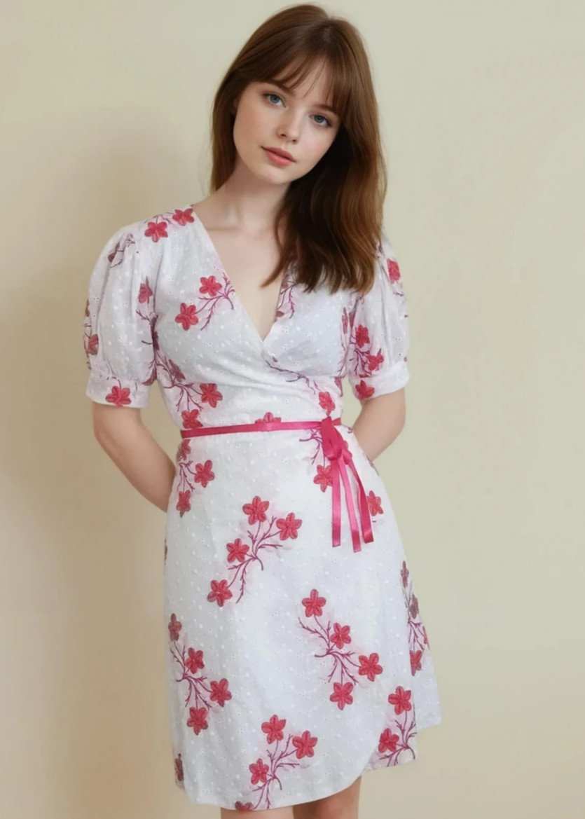 handmade white wrap over dress with pink embroderies and pink ribbon at the waist.