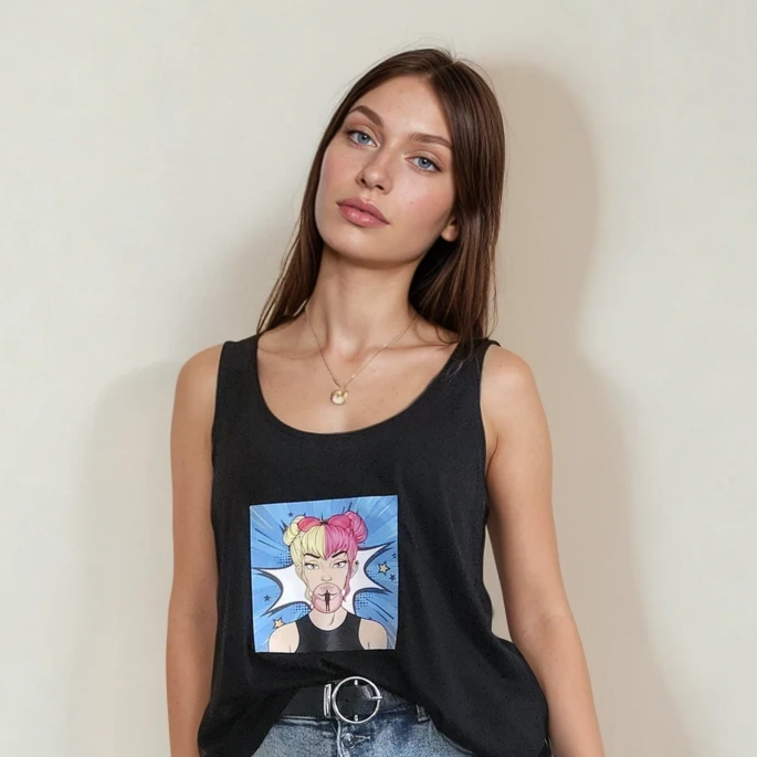 Woman wearing a black tank top with a colorful graphic and blue jeans against a plain background