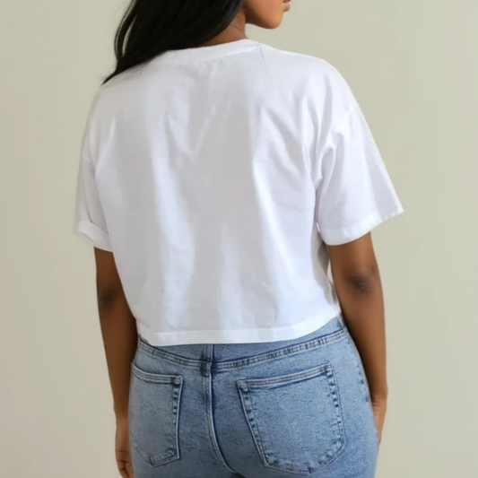 back of white crop top t-shirt
