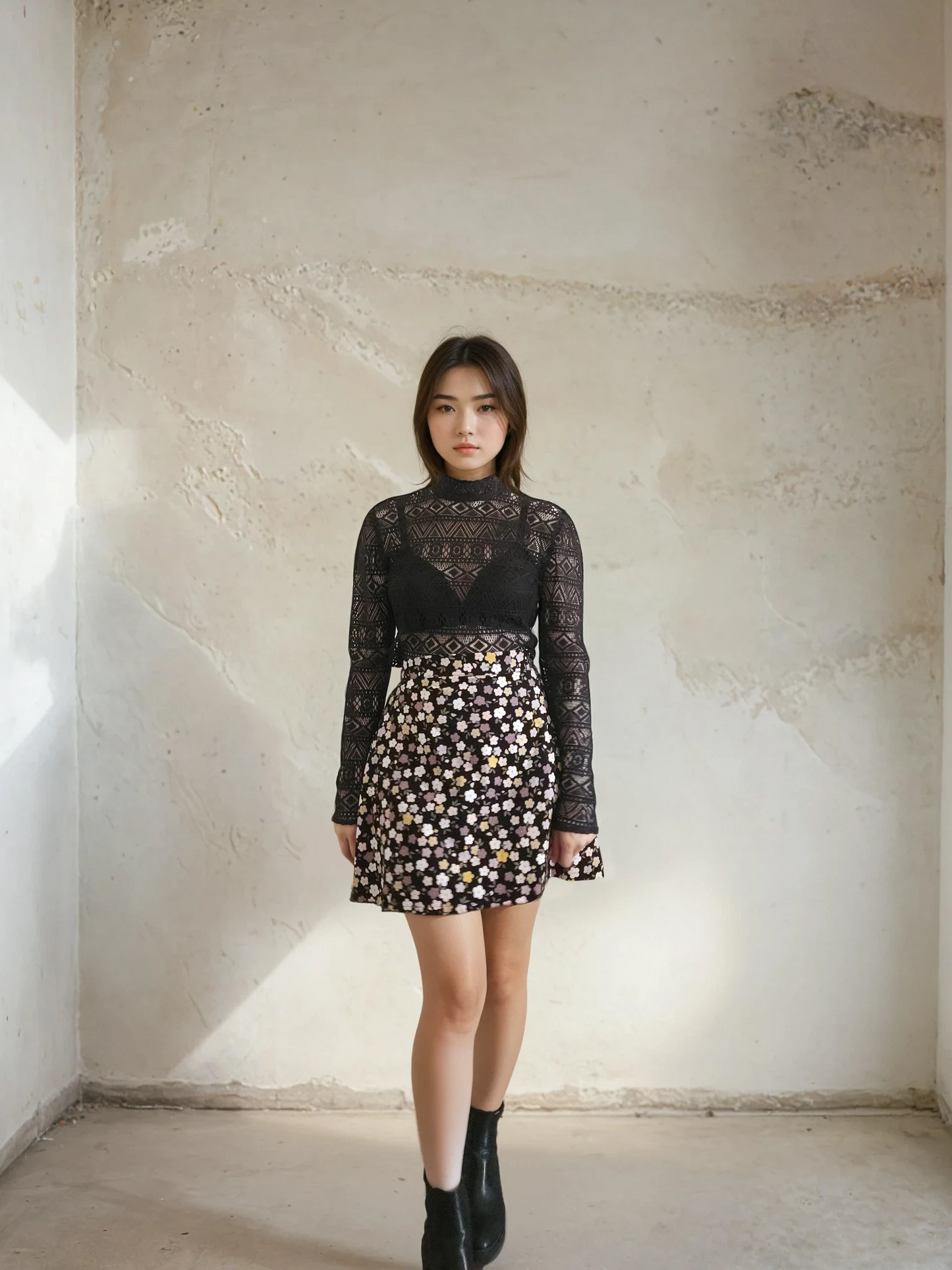 Woman wearing a black lace top and patterned skirt standing against a textured wall.