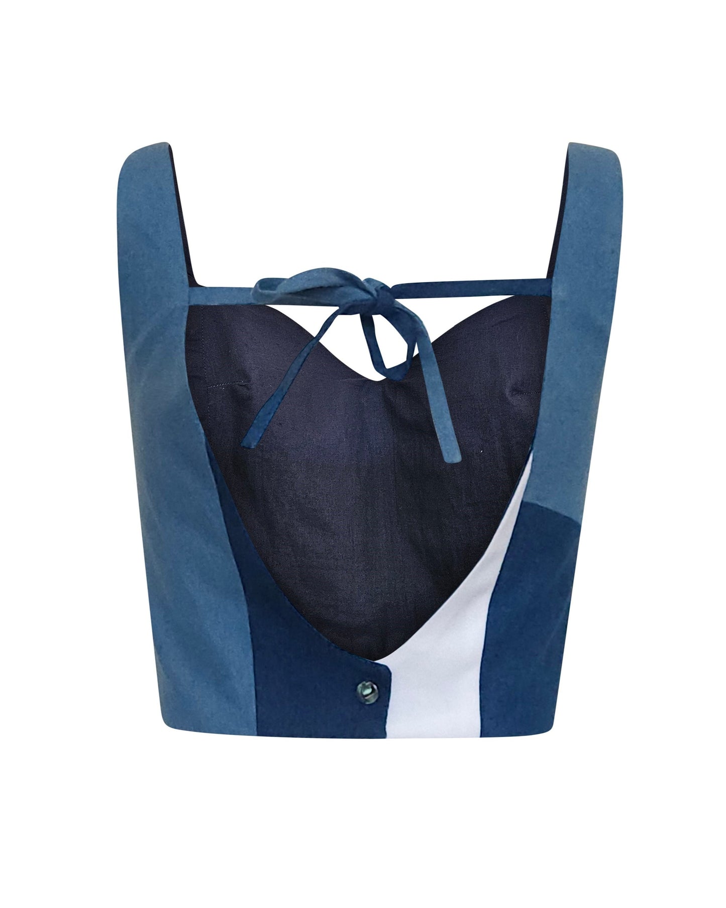 Limited edition crop topfeaturing a tie at the upper back and a button in the middle back.