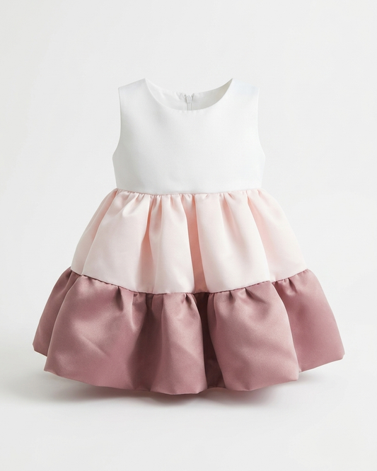 A sleeveless baby dress with a white bodice, a tiered waistband in pale pink, and a full ruffled skirt in dusty rose pink, shown against a plain light gray background.