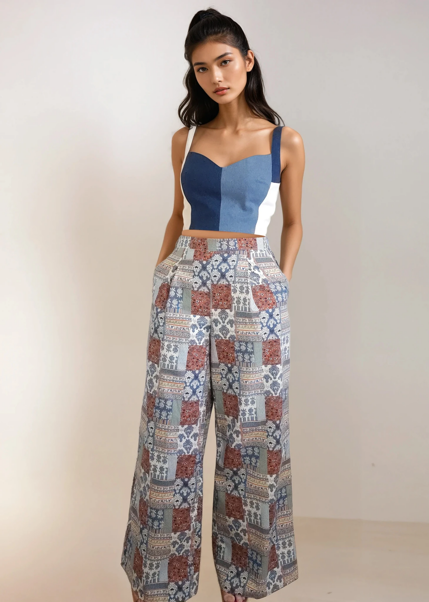 Woman wearing a blue jean patchwork top and patterned pants against a plain background