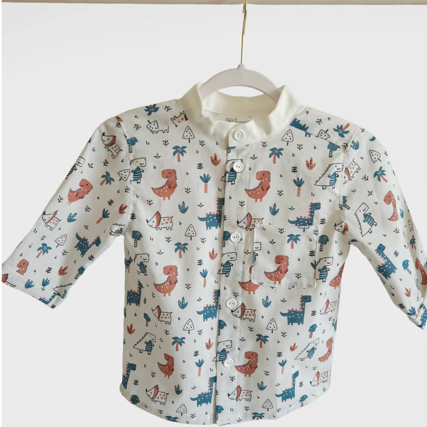 Children's shirt with dinosaur pattern on a hanger against a white background
