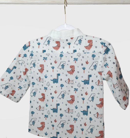 Back of kid's shirt with animal pattern on a white background