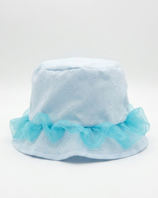 Kids Bucket Hat, blue fabric with blue organza.