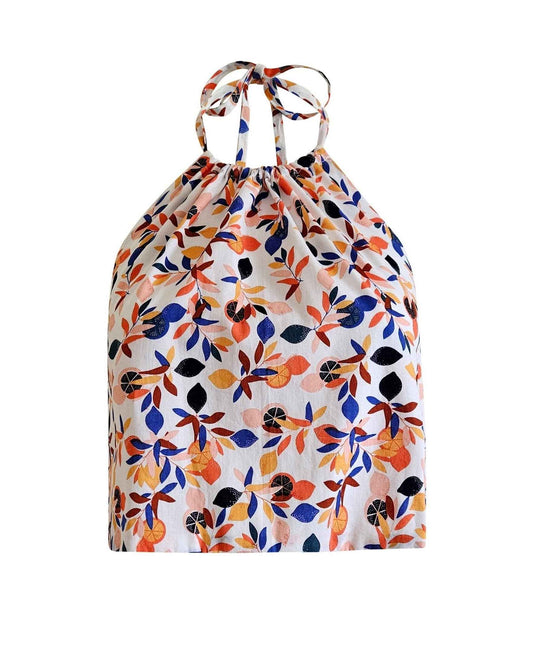 Lemonade Top, halter top with a lemon and orange pattern design