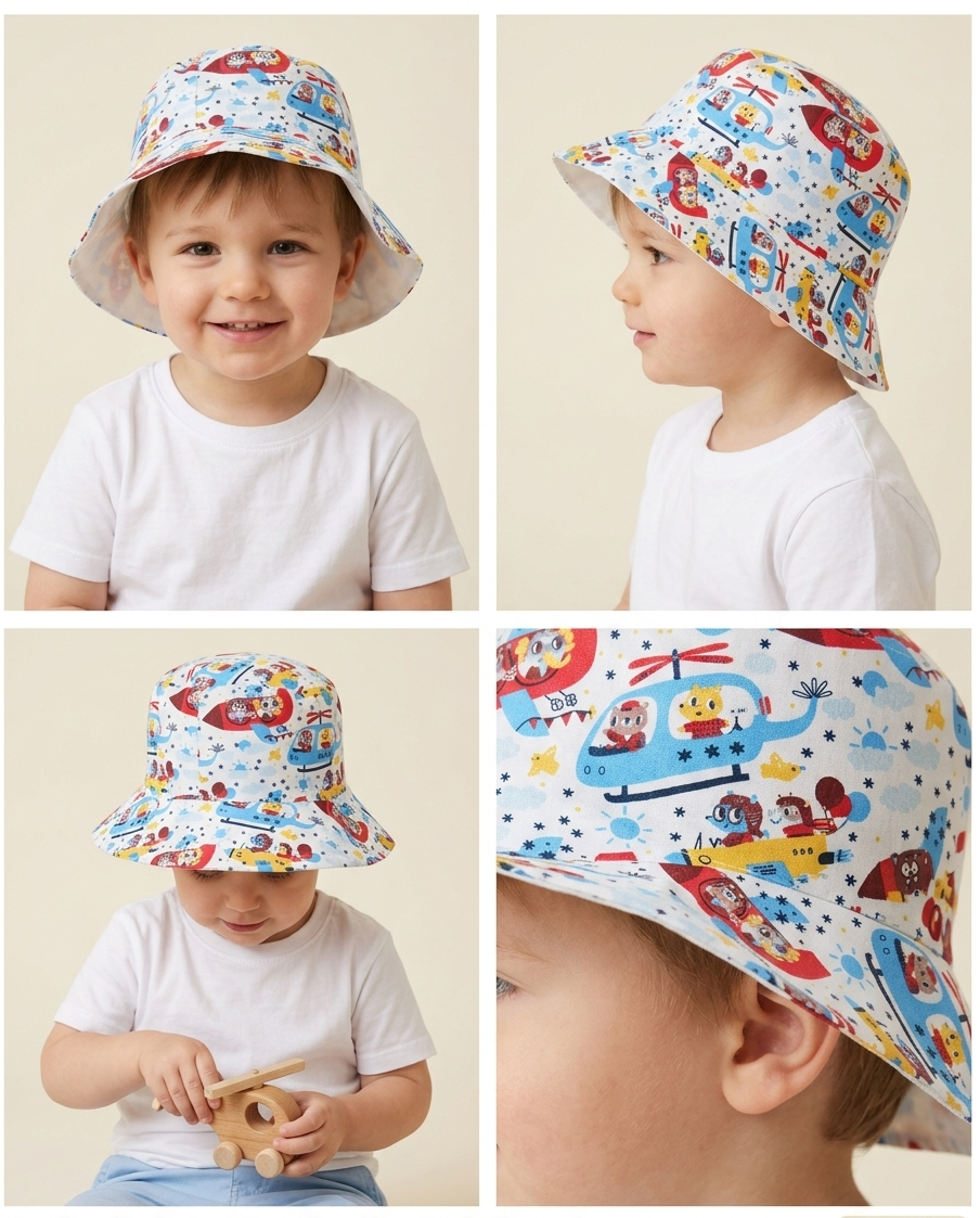 Kid wearing a plane pattern hat