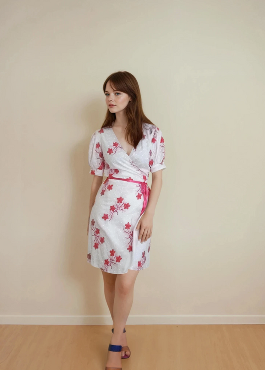 Woman wearing a white dress with pink floral embrodery against a plain wall.