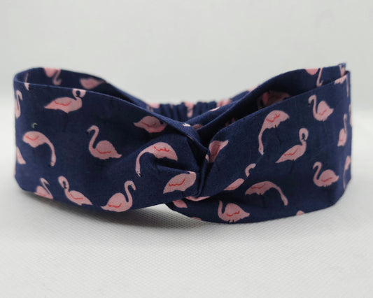 Handmade  cotton headband with pink flamingo pattern