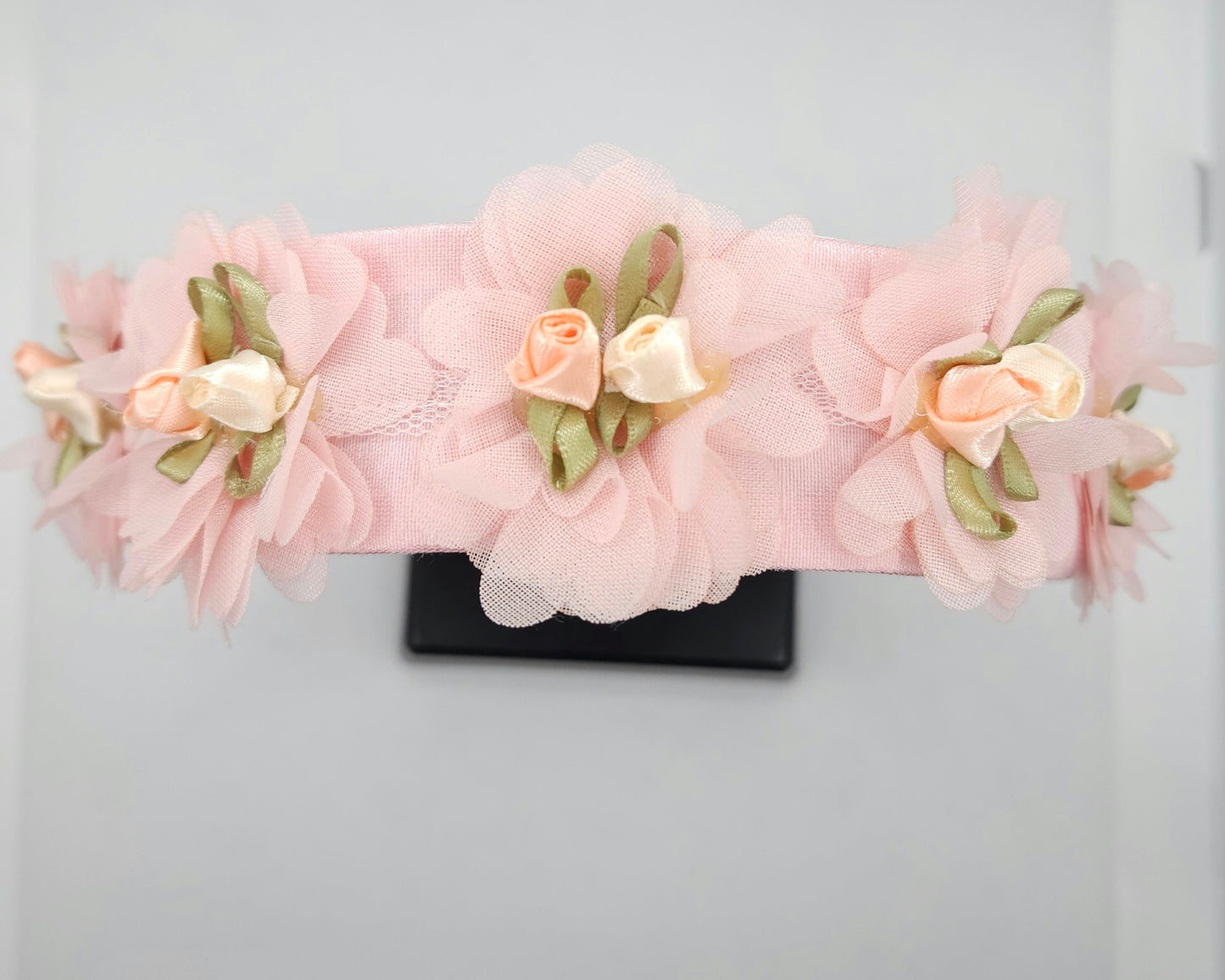 close up look at the flower on top of the headband
