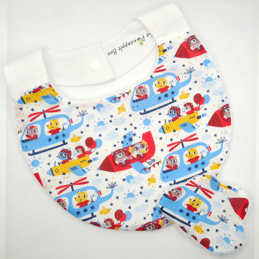 Baby bib  and face wipe with cartoon plane and helicopter design, made in ireland