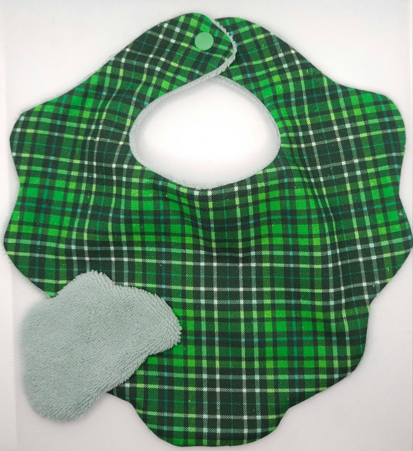 Green plaid baby bib and cloud shape reusable wipe