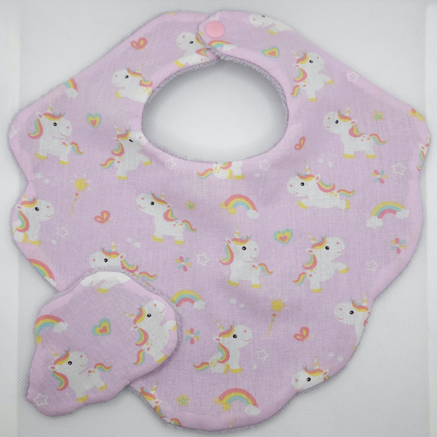 Handmade set of bib and wipe with unicorn and rainbow pattern 