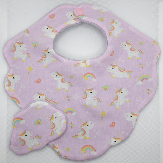 Handmade set of bib and wipe with unicorn and rainbow pattern 