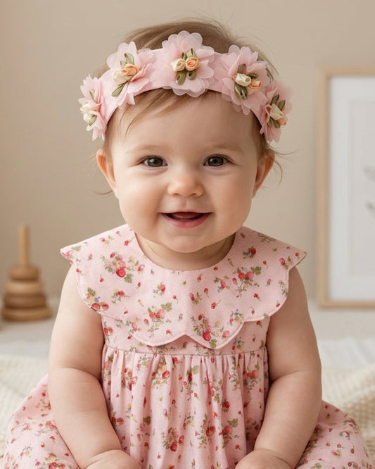 Baby wearing a pink floral dress and headband sitting on a bed.