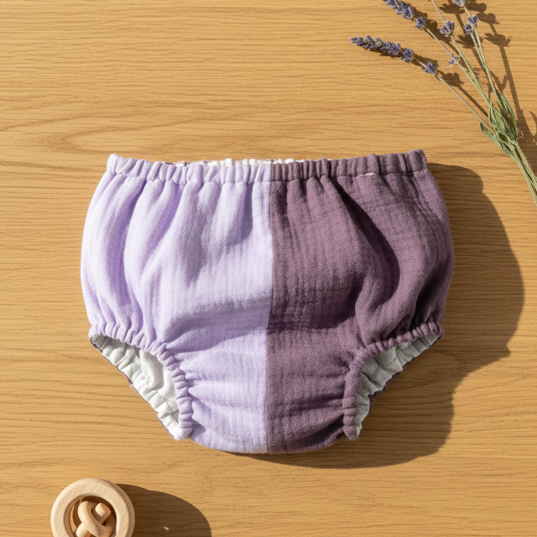 Purple baby bloomers on a wooden surface 