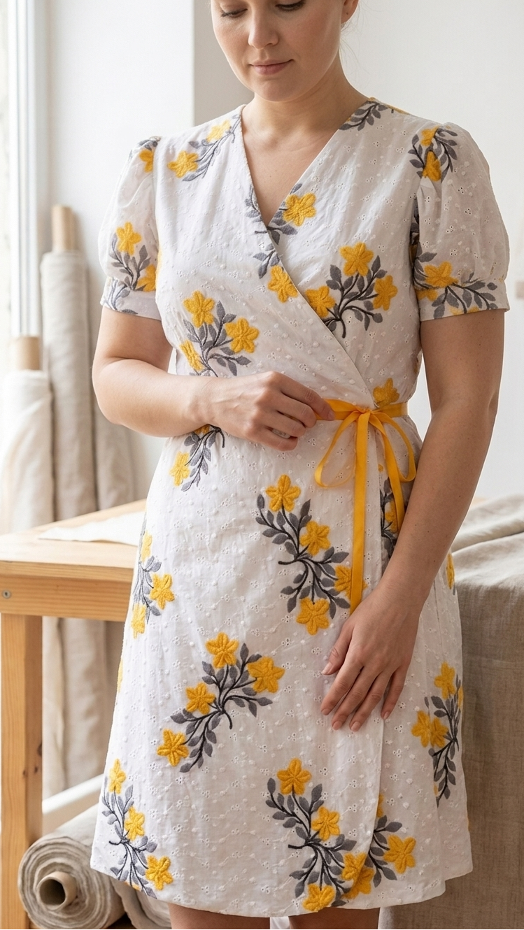 Woman wearing a floral dress with yellow flowers in a home setting