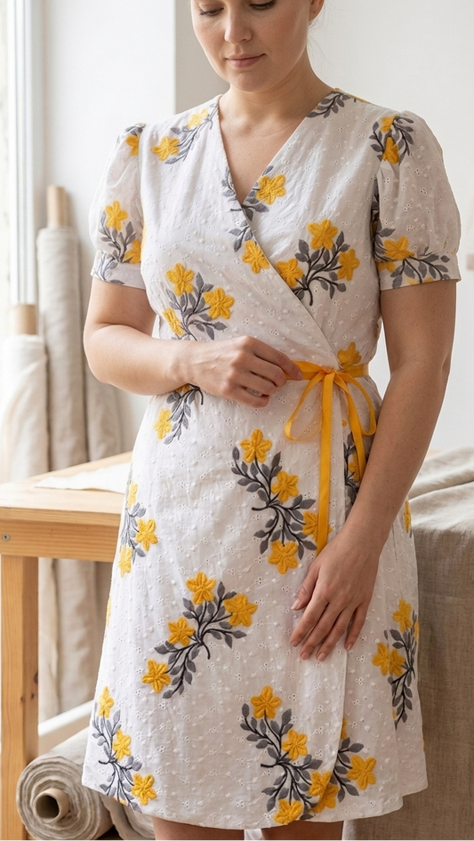 Woman wearing a floral dress with yellow flowers in a home setting