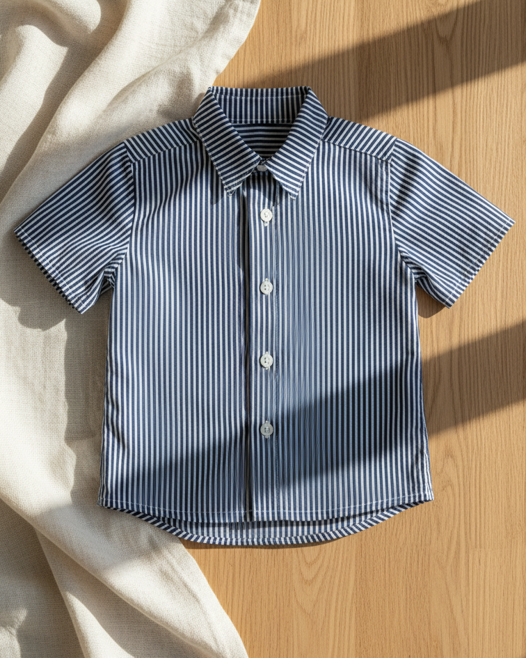 Blue and white striped shirt on a wooden surface with a beige fabric background