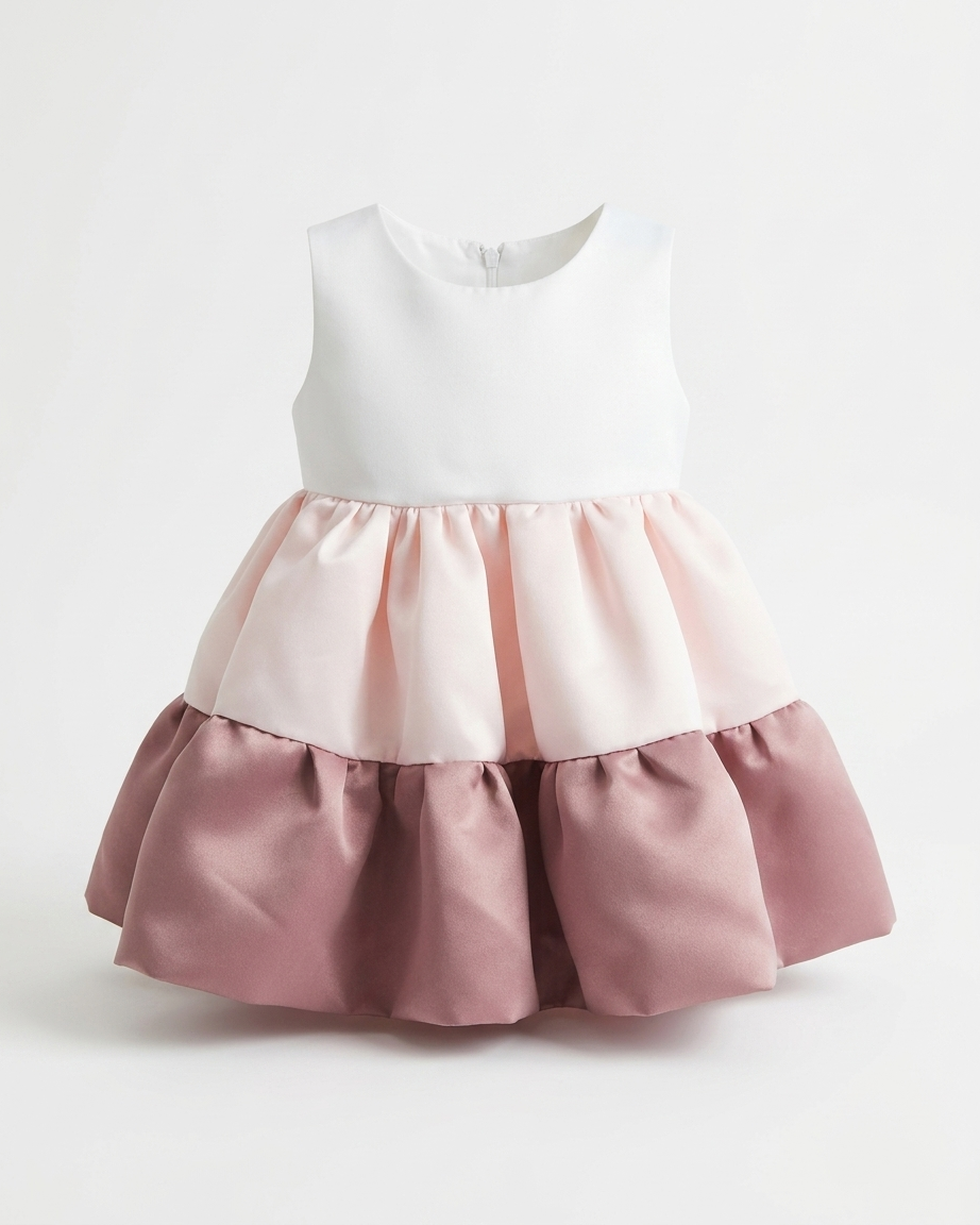 A sleeveless baby dress with a white bodice, a tiered waistband in pale pink, and a full ruffled skirt in dusty rose pink, shown against a plain light gray background.