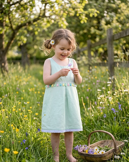 Young girl in a mint dress with tassels standing in a field of flowers, 