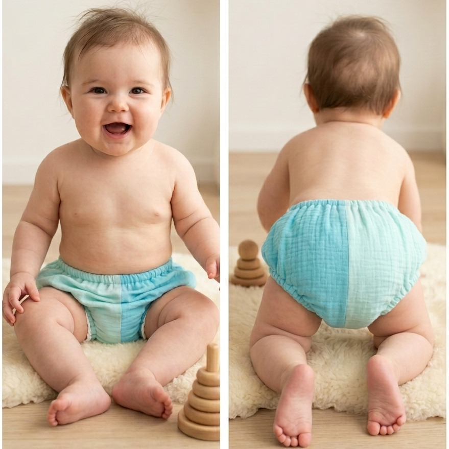 Baby wearing a light blue diaper  cover with front and back views shown.