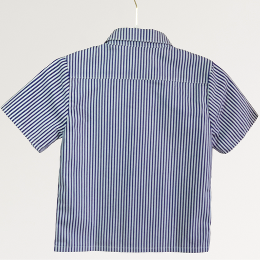 Back view of handmade Blue and white striped shirt on a hanger 