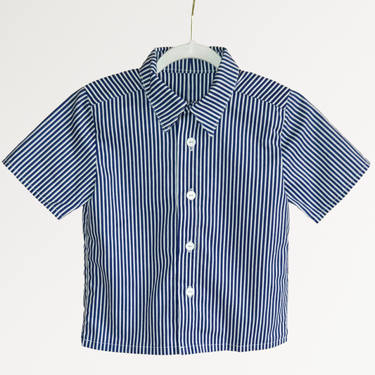 Blue and white striped shirt on a hanger against a white background