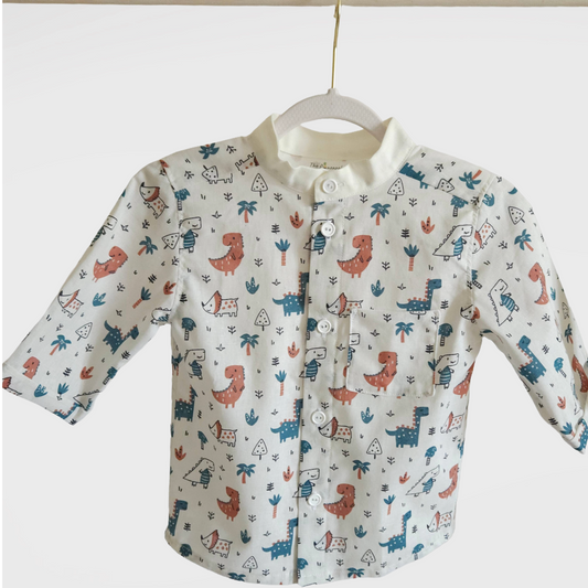 Children's shirt with dinosaur pattern on a hanger against a white background