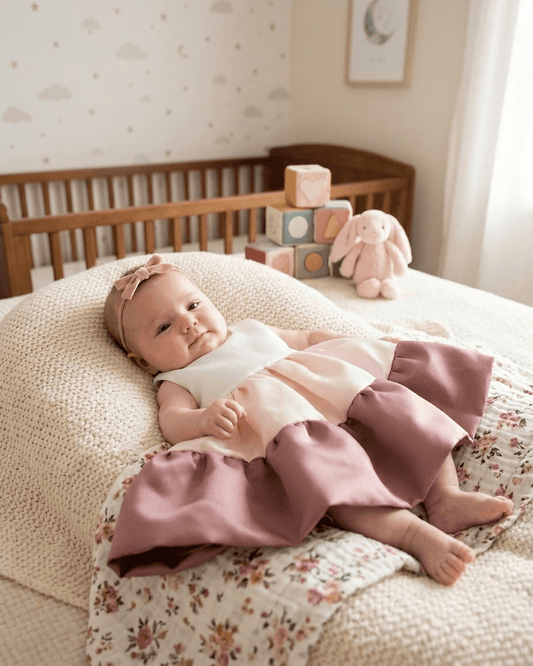 A baby lying on a bed wearing a white top and a dusty pink ruffled skirt, with a matching pink headband. The room has a wooden crib, pastel blocks, and a plush bunny.