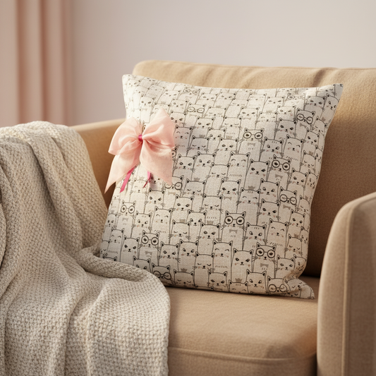 Decorative handmade pillowcase with cat pattern and pink bow on a beige couch