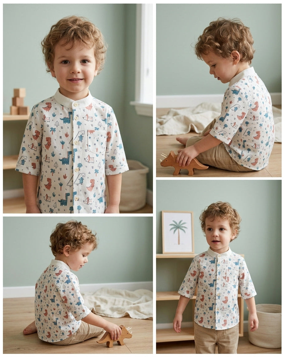 Collage of a child wearing our Dinosaur shirt