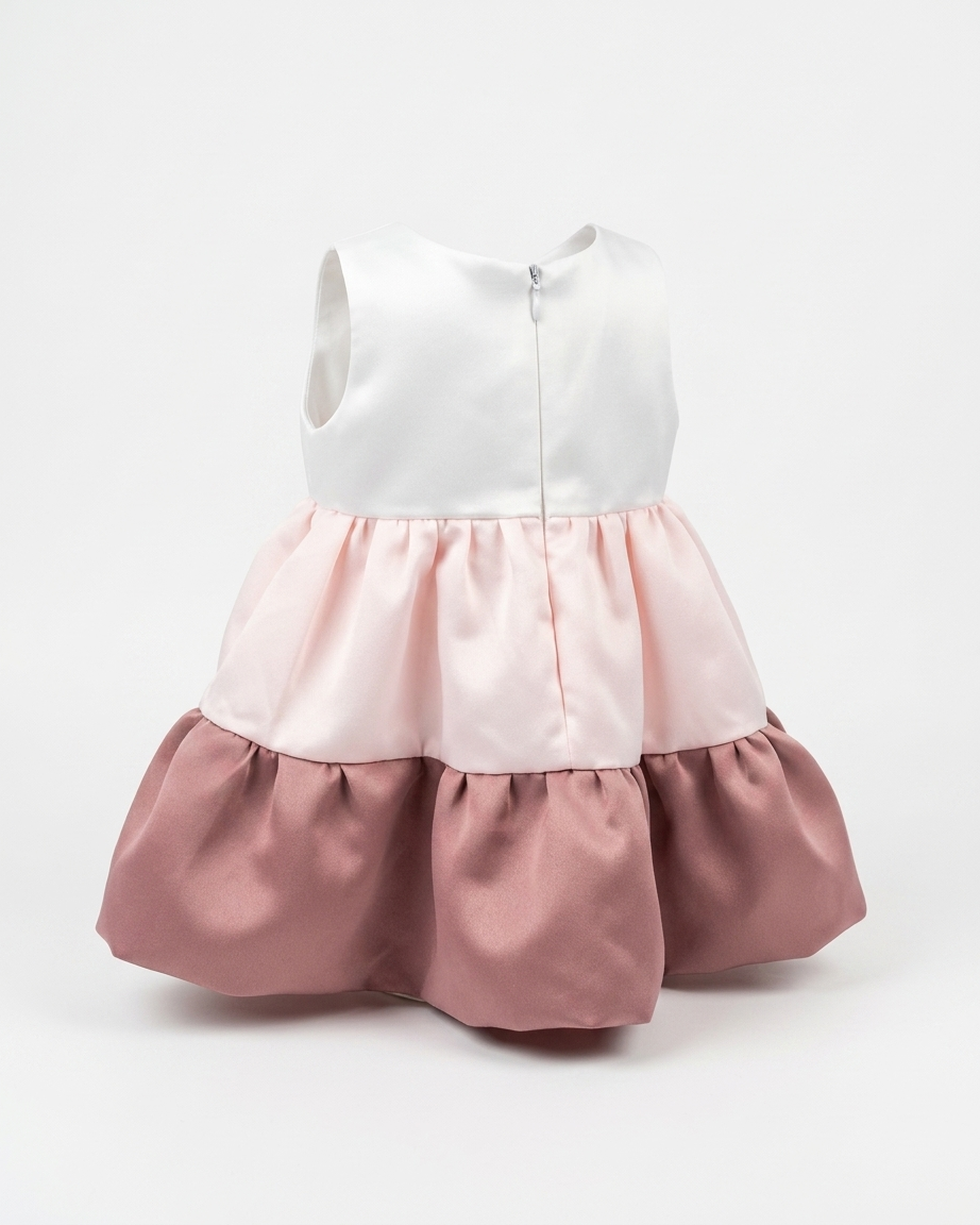 Back view : A sleeveless baby dress with a white upper bodice, a light pink gathered waistband, and a voluminous dusty rose ruffled skirt, shown on a white background.