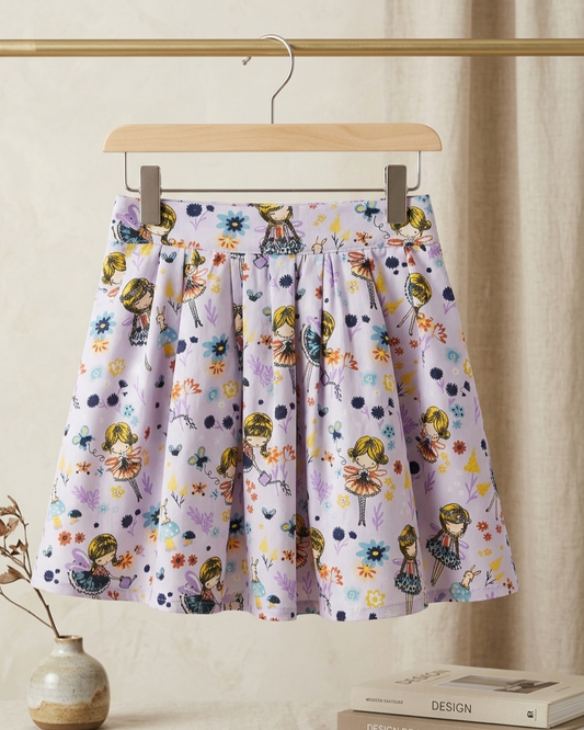 Skirt with fairy and floral pattern on a hanger against a neutral background