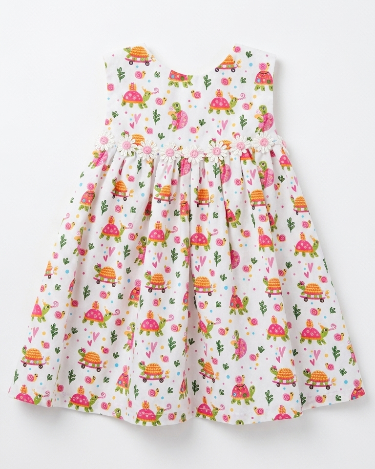 Children's dress with colorful turtle pattern on a white background