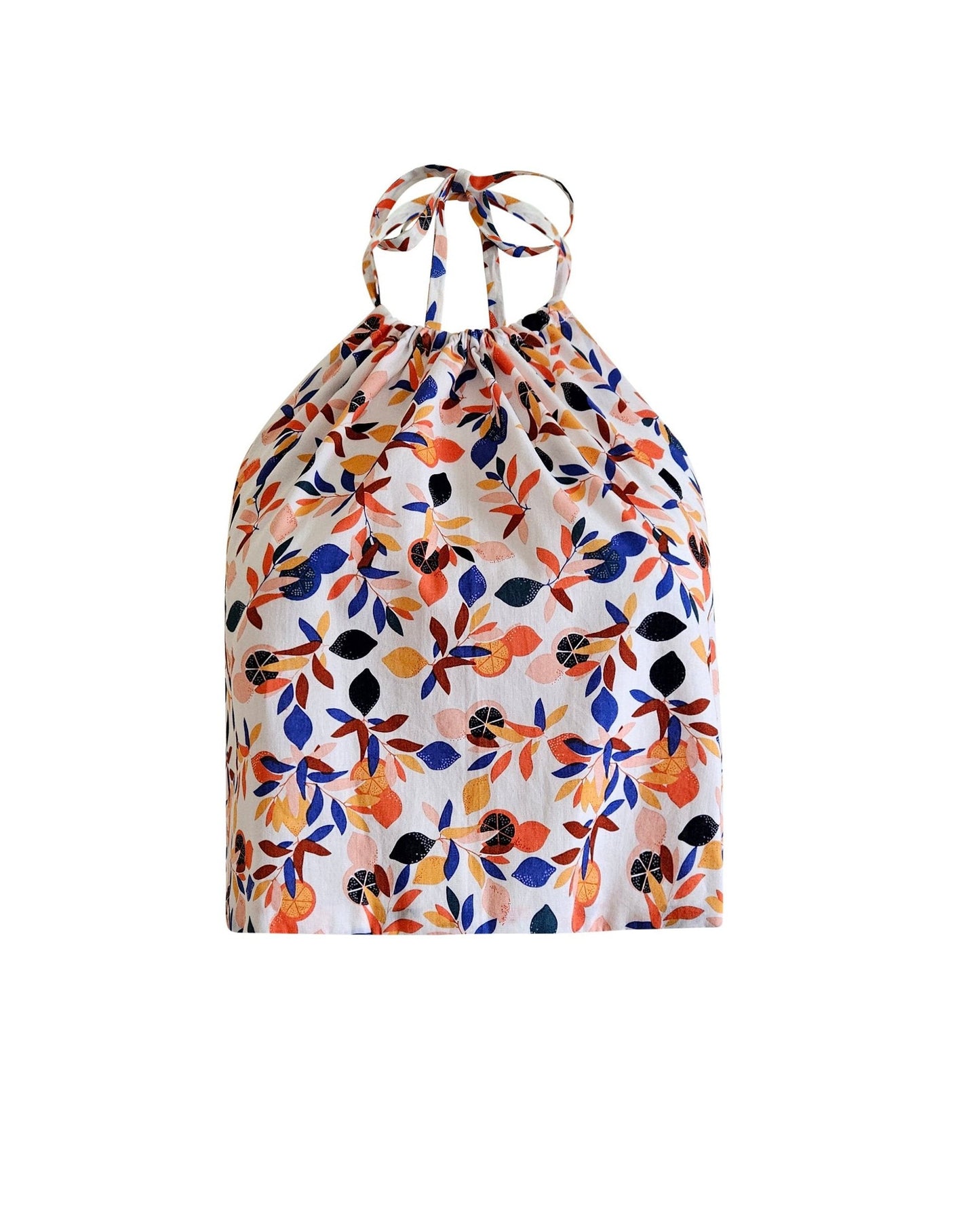 A floral print cotton top with a round neckline, short sleeves, and a tie at the waist, displayed against a white background.