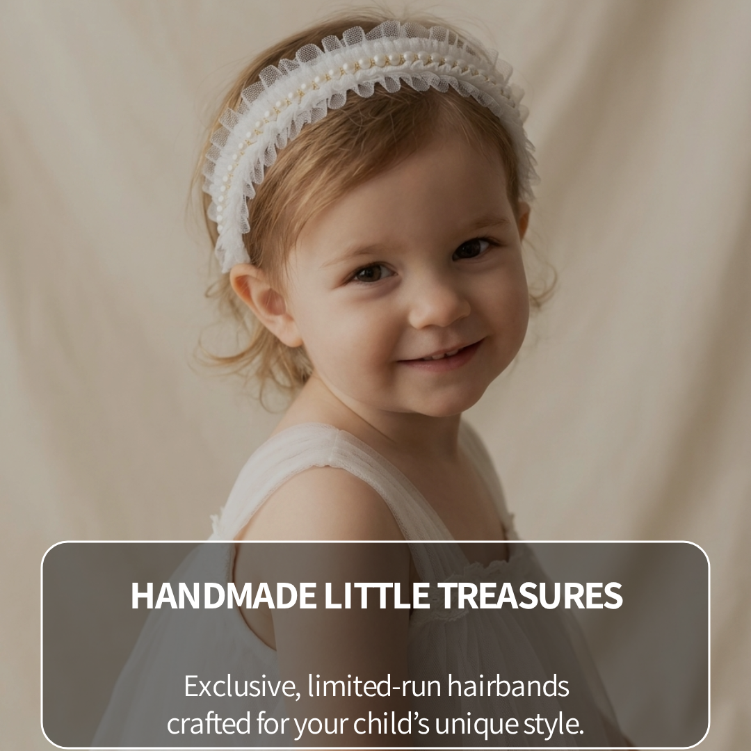 Child wearing a white hairband with a beige background, featuring 'Handmade Little Treasures' text.