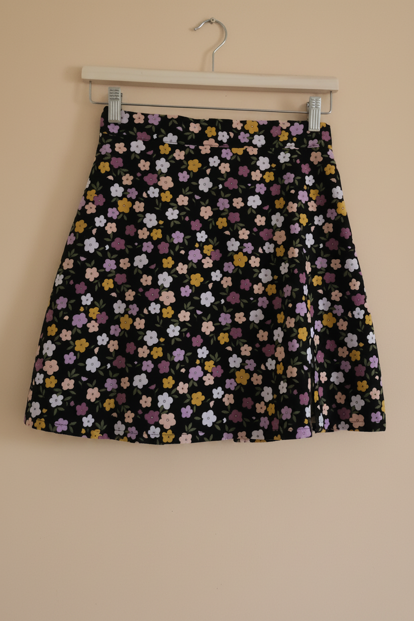 Floral corduroy skirt photographed on a soft beige studio background