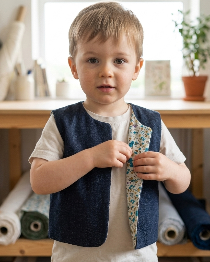 Child wearing a blue vest with floral lining in a room with wooden furniture and plants.