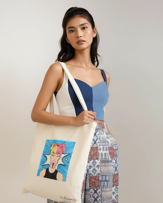 Model with Patchwork Outfit and Tote Bag