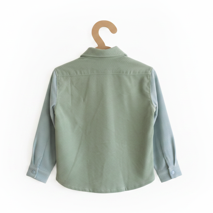 A sage green long-sleeve button-up shirt shown from the back, hanging on a light brown wooden hanger against a plain white background.