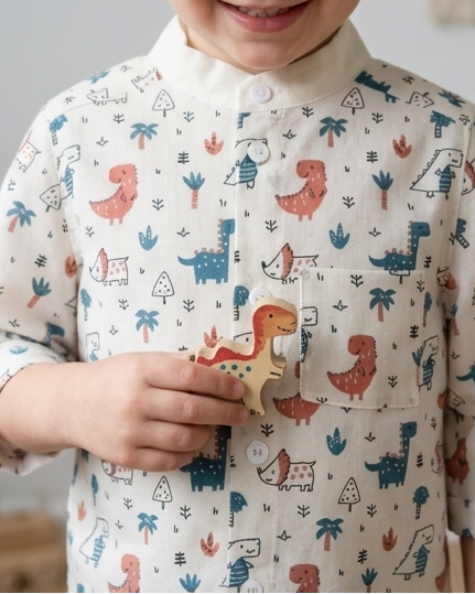 Child wearing a shirt with dinosaur pattern holding a wooden dinosaur toy.