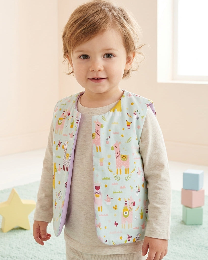 Child wearing a colorful patterned handmade vest